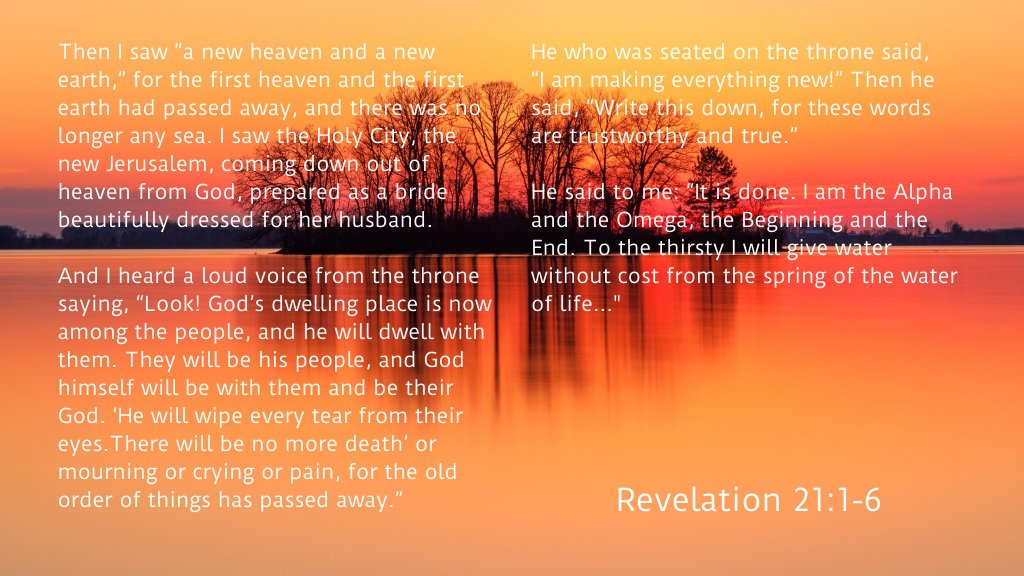 an image of trees reflecting in the water at sunset. with the text of Revelation 21:1-6